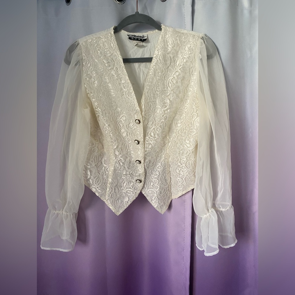 Vintage 1980s Marnie West Sheer Lace Balloon Sleeve  Blouse in White size Medium